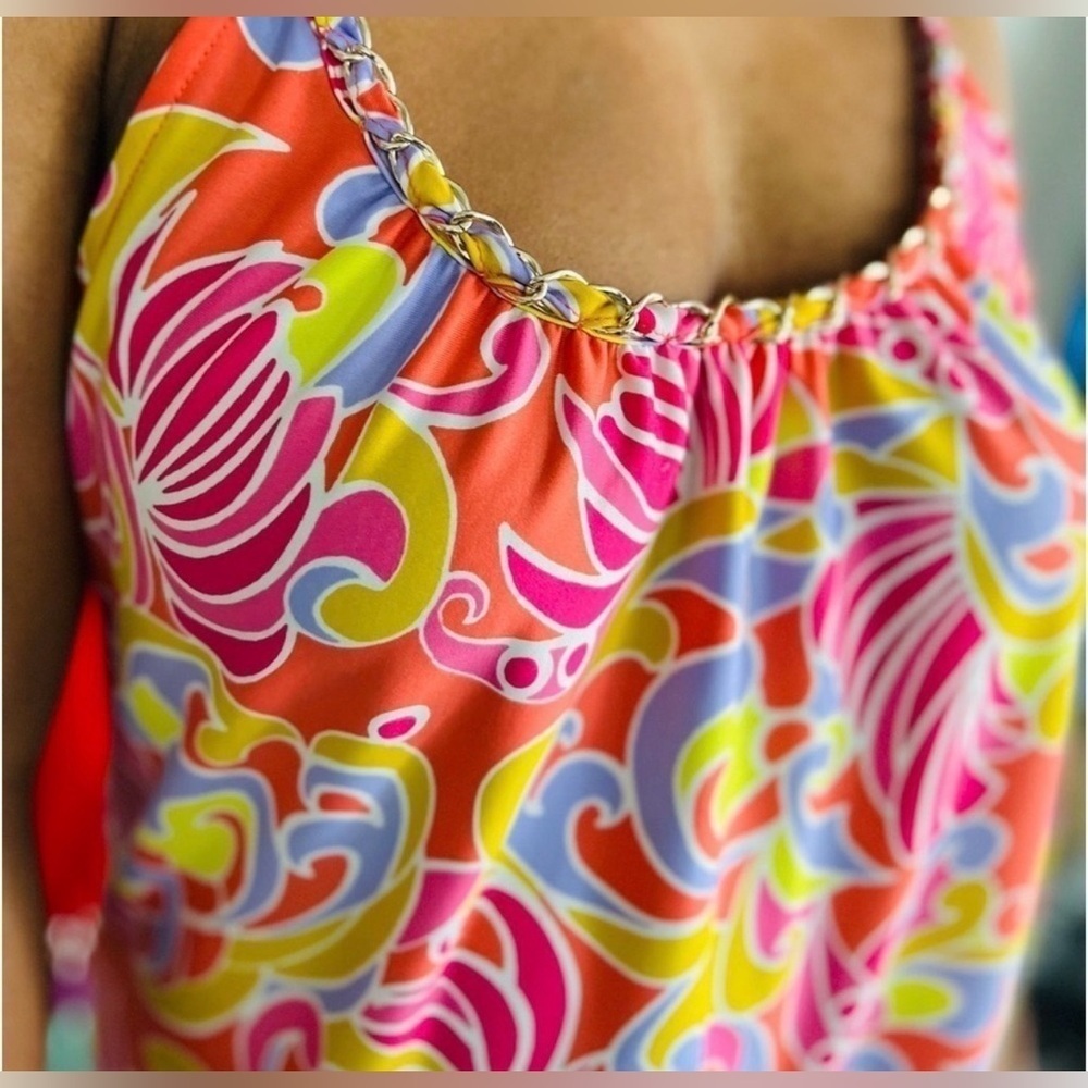 MSK Retro Psychedelic Print Shift Dress Chain Strap Pink Orange Small - Picture 2 of 14